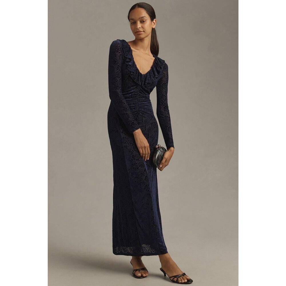 Anthropologie Velvet Ruched Maxi Dress Size Small Blue V-neck